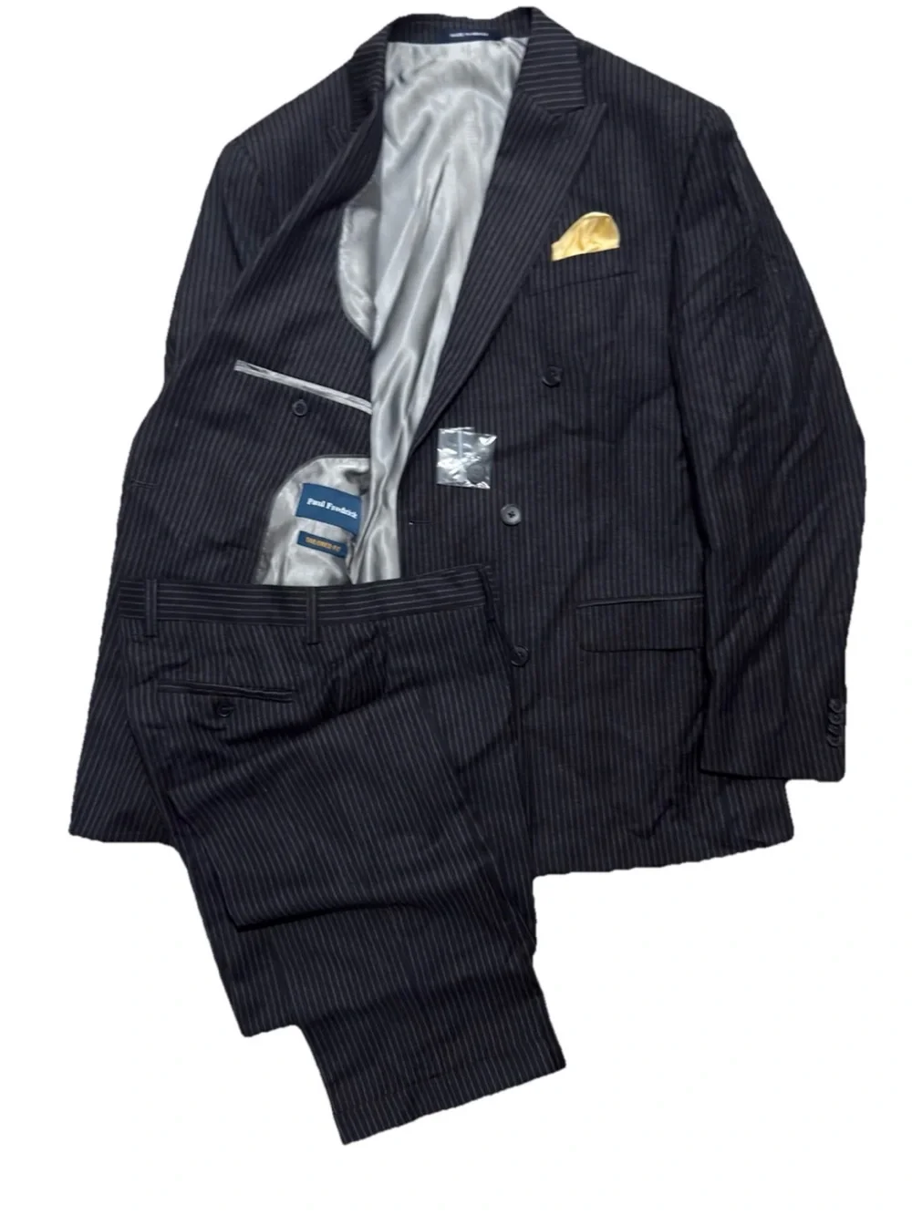 Paul Fredrick Pinstripe Suit 40L Gray Wool Tailored Fit 34 Dress Pants Cuffed